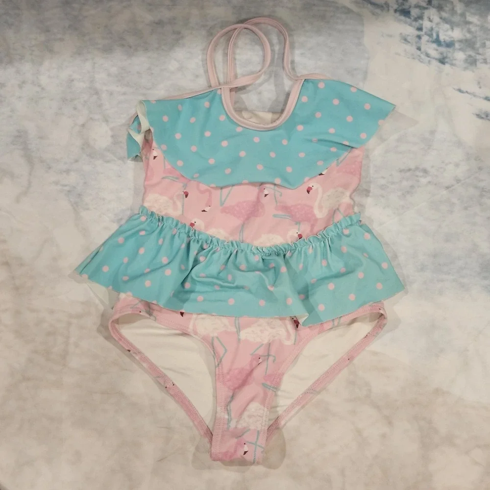 Matilda Jane Island‎ Party Flamingo Ruffle Swimsuit Girls Size 6 Pink Blue
